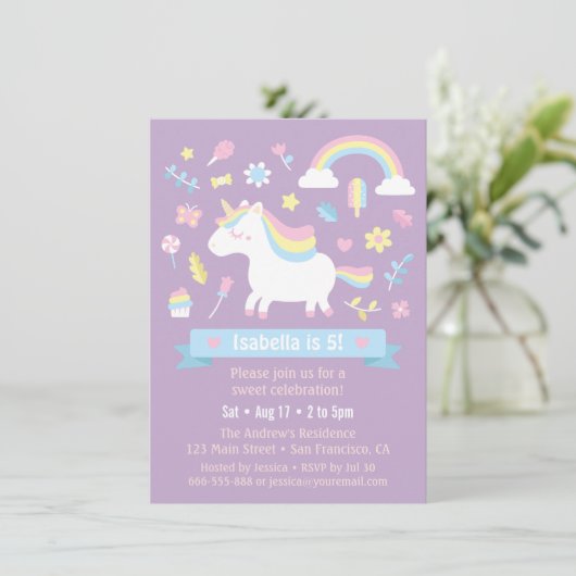 かわいい小さな一角虹の女の子の誕生日パーティー 招待状 (スタンド正面)
