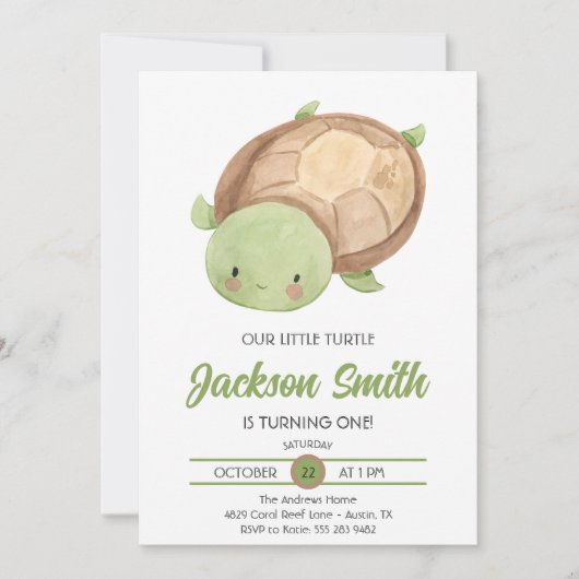 かわいい小さな亀の水の色の誕生日パーティーの招待 招待状 (正面)