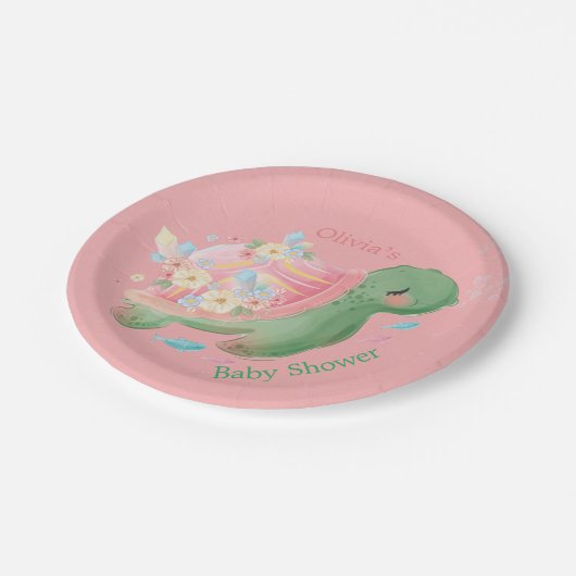 かわいい小さな亀ピンクの赤ちゃんシャワー ペーパープレート (アングル)