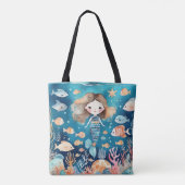 かわいい小さな人魚と珊瑚の魚の海底世界 トートバッグ (裏面)