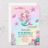 かわいい小さな人魚ピンク紫色の第3誕生日 招待状 (正面/裏面)