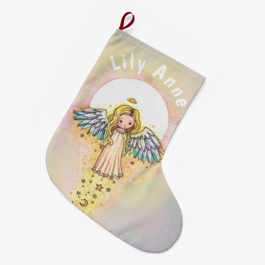かわいい小さな天使と月のクリスマスストッキング ラージクリスマスストッキング (正面 (吊り時))