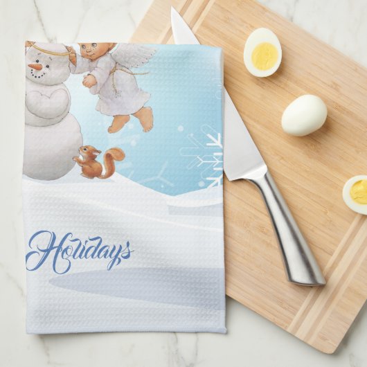 かわいい小さな天使と雪だるまのハンドタオル キッチンタオル (四つ折り)