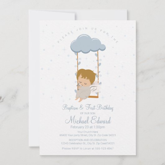 かわいい小さな天使、ファースト誕生日、バプテスマ 招待状 (正面)