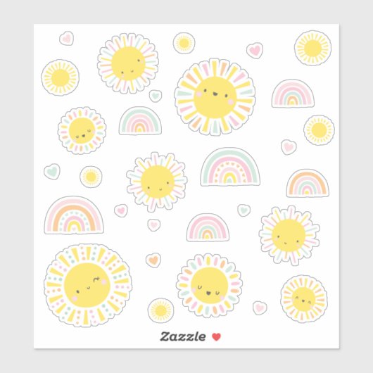 かわいい小さな太陽、虹とハート シール (シート)