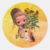 かわいい小さな女の子と子犬たち ラウンドシール (正面)