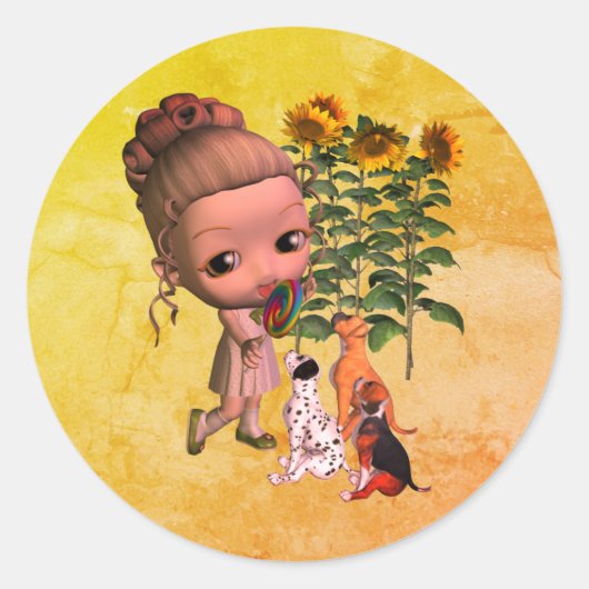 かわいい小さな女の子と子犬たち ラウンドシール (正面)