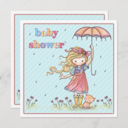 かわいい小さな女の子と子猫ベビーシャワー招待状 招待状 (正面/裏面)