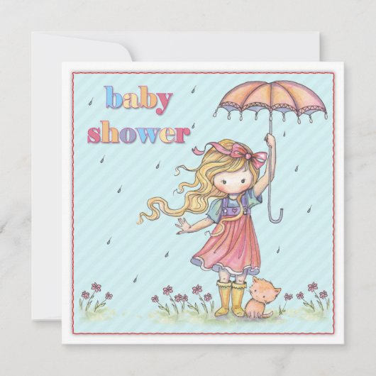 かわいい小さな女の子と子猫ベビーシャワー招待状 招待状 (正面)