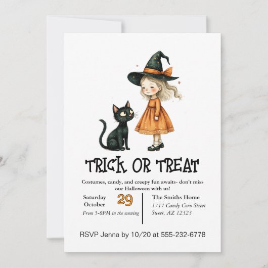 かわいい小さな女の子と彼女の猫 招待状 (正面)