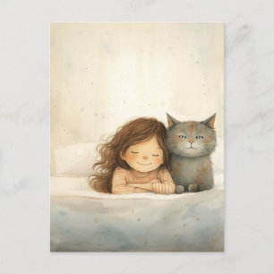 かわいい小さな女の子と猫の姿 ポストカード