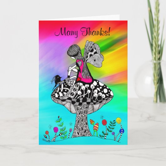 かわいい小さな女の子と鳥の挨拶状 サンキューカード (正面)