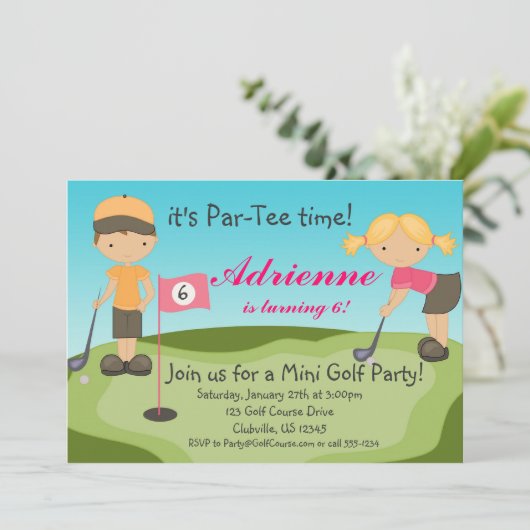 かわいい小さな女の子のゴルフ誕生日のパーティの招待状 招待状 (スタンド正面)