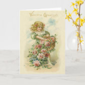 かわいい小さな女の子のピンクのバラ カード (黄色い花)