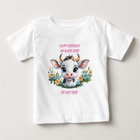 かわいい小さな女の子の花の牛 ベビーTシャツ (正面)