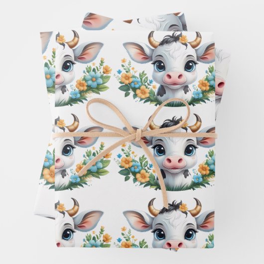 かわいい小さな女の子の花の牛 ラッピングペーパーシート (インサイチュ)