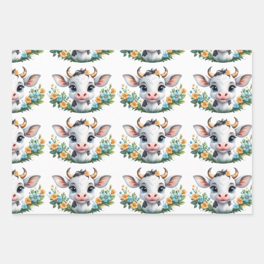 かわいい小さな女の子の花の牛 ラッピングペーパーシート (正面)