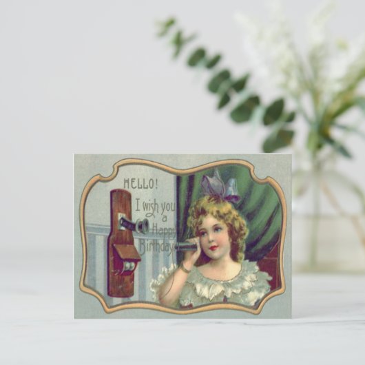 かわいい小さな女の子アンティーク電話 ポストカード (スタンド正面)