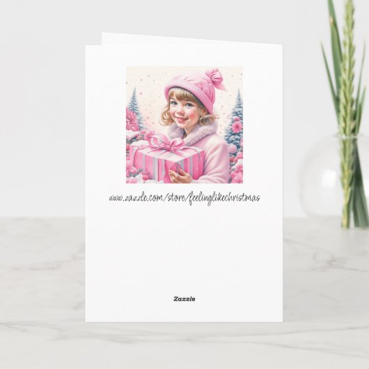 かわいい小さな女の子インピンクレトロクリスマス カード (裏面)
