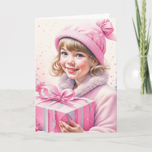 かわいい小さな女の子インピンクレトロクリスマス カード (正面)