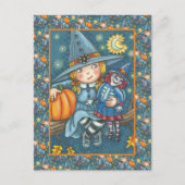 かわいい小さな女の子ウィッチ、ラグドール、ハッピーハローウィン ポストカード (正面)