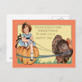 かわいい小さな女の子カボチャの七面鳥に乗る ポストカード (正面/裏面)