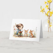 かわいい小さな女の子ブルーアイズブックラビットフラワーズ カード (黄色い花)