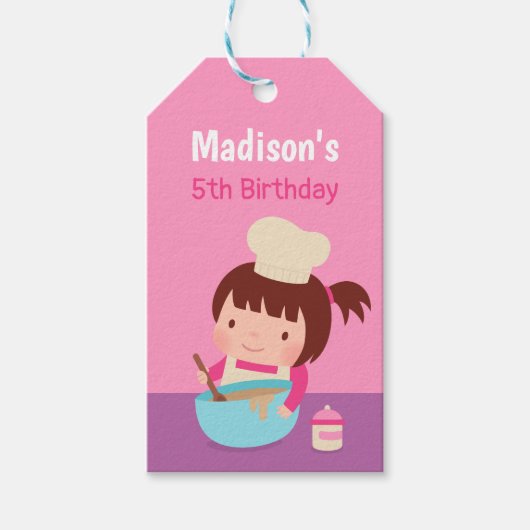 かわいい小さな女の子ベーキングシェフバースデーパーティーの好意 ギフトタグ (正面)