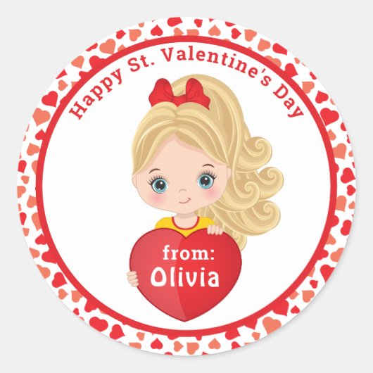 かわいい小さな女の子ホールディングバレンタインのハートシール ラウンドシール (正面)