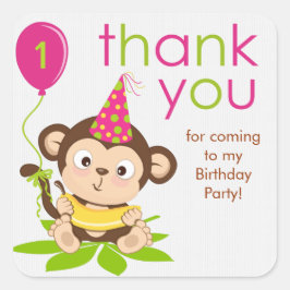 かわいい小さな女の子モンキーサンキューステッカー スクエアシール