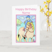 かわいい小さな女の子ライディングポニーカートゥーン誕生日 カード (黄色い花)