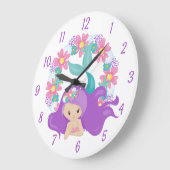 かわいい小さな女の子人魚パープルピンクの花 ラージ壁時計 (傾斜)