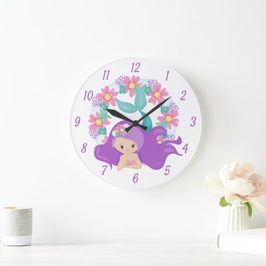 かわいい小さな女の子人魚パープルピンクの花 ラージ壁時計 (ホーム)