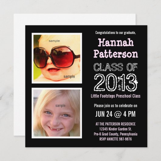 かわいい小さな女の子幼稚園パーティー 招待状 (正面/裏面)