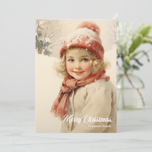 かわいい小さな女の子雪の森の赤いスカーフのクリスマス シーズンカード (スタンド正面)