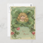 かわいい小さな女の子4葉クローバー花 ポストカード (正面/裏面)