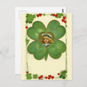 かわいい小さな女の子4葉クローバー花 ポストカード (正面/裏面)