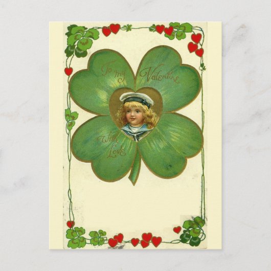かわいい小さな女の子4葉クローバー花 ポストカード (正面)