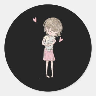 かわいい小さな女の子&バニーラビットピンクハート ラウンドシール