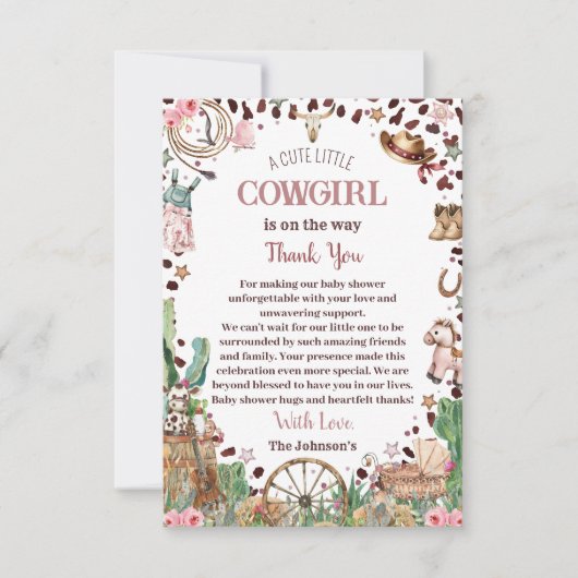 かわいい小さな女性のカーボーイウェスタンウォーターカラーベビーシャワー サンキューカード (正面)