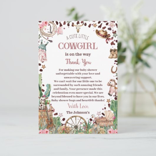 かわいい小さな女性のカーボーイウェスタンウォーターカラーベビーシャワー サンキューカード (スタンド正面)