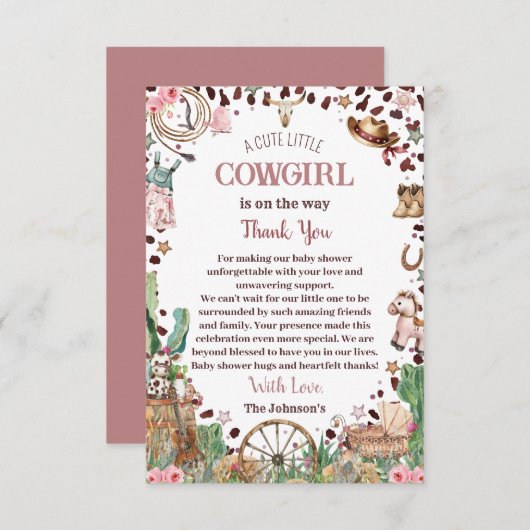 かわいい小さな女性のカーボーイウェスタンウォーターカラーベビーシャワー サンキューカード (正面/裏面)