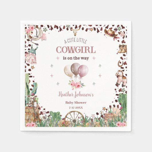 かわいい小さな女性のカーボーイウェスタンウォーターカラーベビーシャワー スタンダードカクテルナプキン (正面)