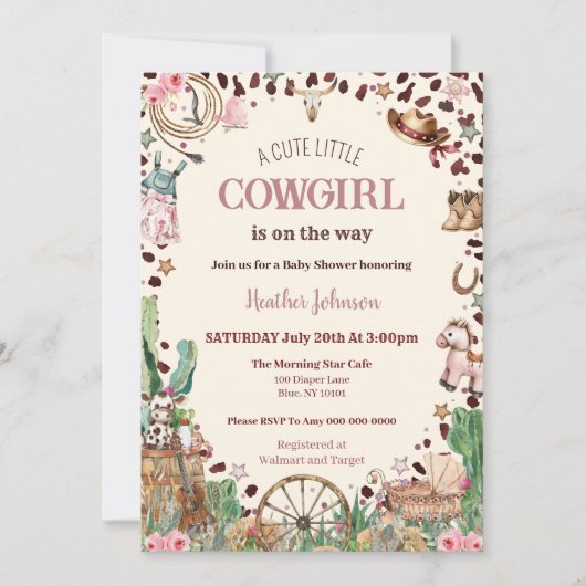 かわいい小さな女性のカーボーイウェスタンウォーターカラーベビーシャワー 招待状 (正面)