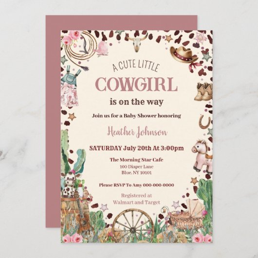 かわいい小さな女性のカーボーイウェスタンウォーターカラーベビーシャワー 招待状 (正面/裏面)