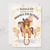 かわいい小さな女性のカーボーイサドルアップ誕生日招待状 招待状 (正面)