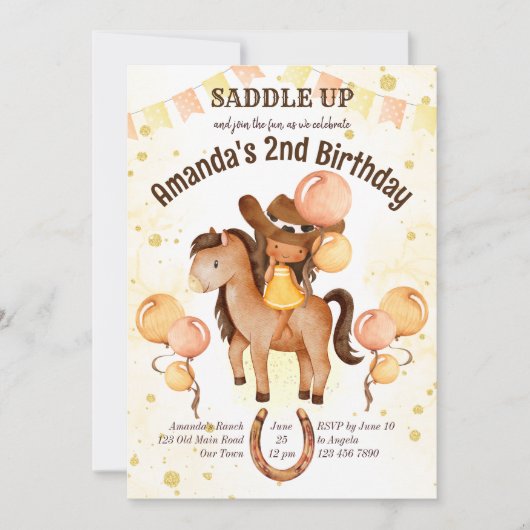 かわいい小さな女性のカーボーイサドルアップ誕生日招待状 招待状 (正面)