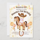 かわいい小さな女性のカーボーイサドルアップ誕生日招待状 招待状 (正面)