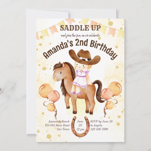 かわいい小さな女性のカーボーイサドルアップ誕生日招待状 招待状 (正面)