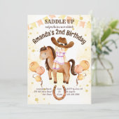 かわいい小さな女性のカーボーイサドルアップ誕生日招待状 招待状 (スタンド正面)